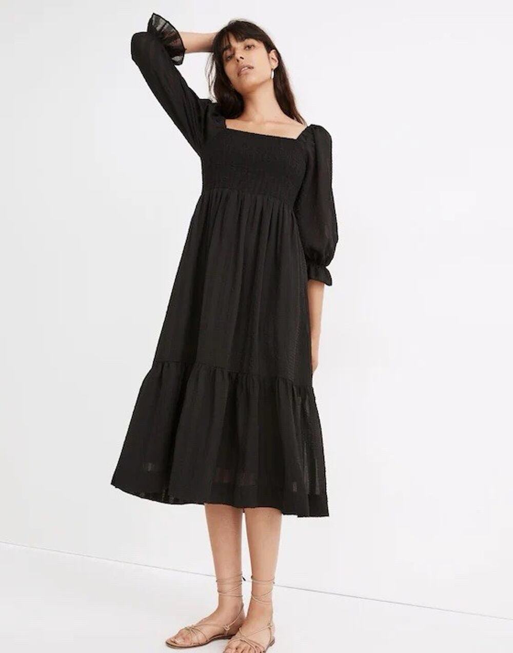 Madewell Women's Lucie Elbow-Sleeve Smocked Midi Dress XXS Black